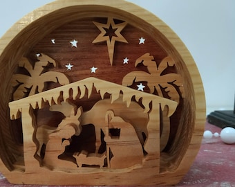 Mini modern Christmas nativity scene, cut-out wooden nativity.