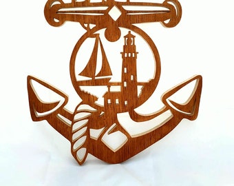 Decoration Lighthouse marine anchor and sailboat in cut wood