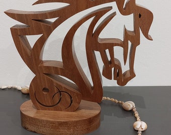 Modern horse head on wooden base cut from solid walnut