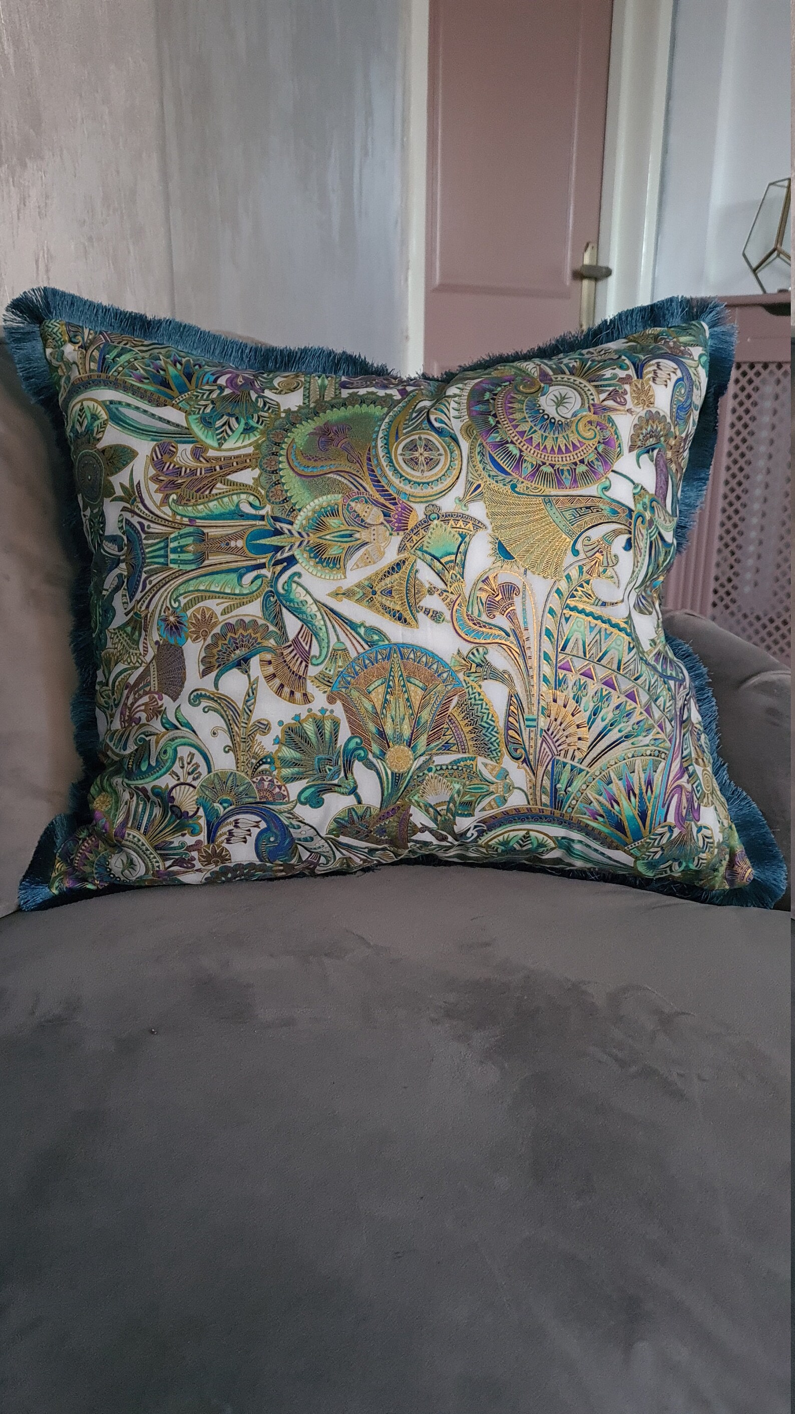 Green and Gold Cushion Green and Gold Fringe Cushion Green Etsy