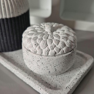 May include: A white speckled concrete acorn-shaped trinket box with a matching tray. The lid of the box is textured with a detailed pattern. A black and white striped vase is partially visible in the background.