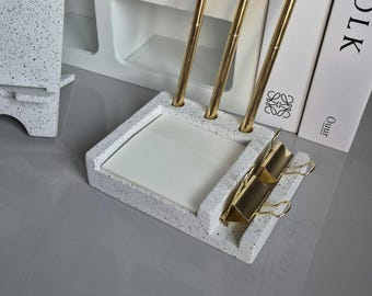 Minimalist Stone Desk Organizer: Pen and Notepad Holder - Jesmonite Office Decor