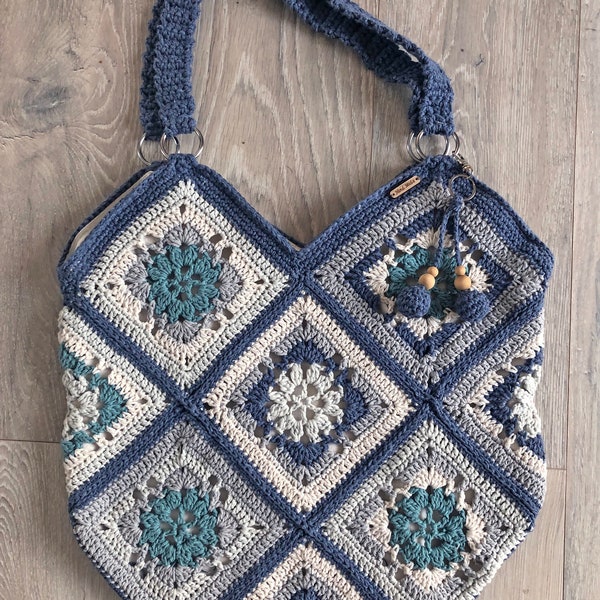 grand sac granny bleu coton crochet  fait main doublé