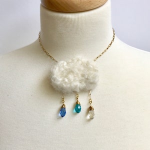 Rain Cloud Necklace, Knitted Necklace, Fluffy White Cloud