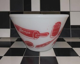 Bol para mezclar Fire King Spag's Edition, edición vintage, color rojo y blanco, poco común.