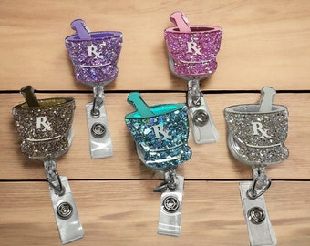 Pharmacy Badge Reel, Mortar and Pestle ID holder, Pharmacy Tech Badge Reel, Pharmacist Badge Reel, RX Badge Reel, Prescription Badge Reel