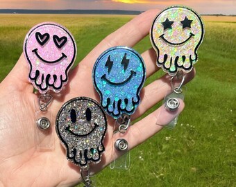 Smile Face Badge Reel, Drip Smiley Face Badge Reel, Nurse Badge Reel, Teacher Badge Reel, Retractable Reel, Custom Badge Reel, Acrylic, ER