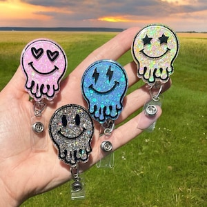 Smile Face Badge Reel, Drip Smiley Face Badge Reel, Nurse Badge Reel, Teacher Badge Reel, Retractable Reel, Custom Badge Reel, Acrylic, ER