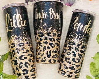 Black & Gold Leopard Tumbler, Ombré Glitter Tumbler, Monogram Tumbler, Black Leopard Tumbler, Cheetah Print Tumbler, Valentine’s Day gift,