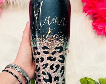 Rose Gold Leopard Print Glitter Tumbler, Black leopard tumbler, Bridal tumbler, Cheetah Print, Glitter cup, Gift for her, Mother’s Day gift