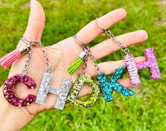 Glitter Keychain, Resin Letter Keychain, kids backpack charm, Glitter Initial Keychain, Bag Cgarm, Team Gift, Teacher Gift, luggage tag