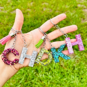 Pink Glitter Keychain Letter Keychain Initial Resin 