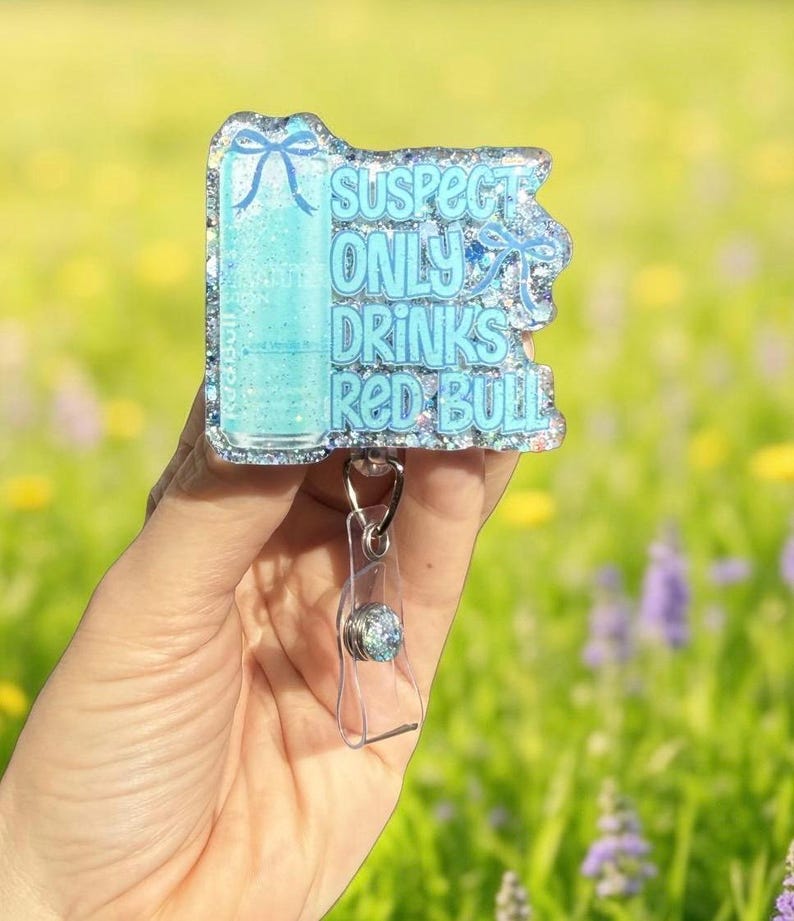 Suspect only drinks energy drinks Badge Reel, Nurse Badge Reel, Teacher Badge Reel, Retractable Reel, Glitter Badge Reel, TikTok, Funny Iced Vanilla Berry