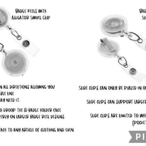 May include: Image comparing two types of badge reels: one with an alligator swivel clip and another with a slide/belt clip. Text explains the features of each clip type, including swivel direction and attachment options.