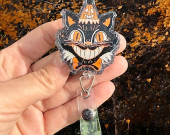 Retro Halloween Cat Badge Reel, Glitter, Nurse Badge Reel, Spooky Season, Black Cat, Fall, Teacher Badge Reel, Cat lover, Student Nurse Gift