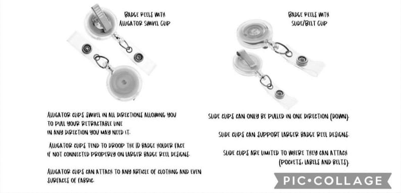 May include: A comparison image of badge reels with alligator swivel clips and slide/belt clips. The text describes the features of each clip type, including swivel direction, support for larger designs, and attachment limitations. The image is in black and white.