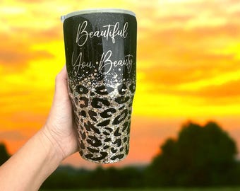 Black & Gold Leopard Tumbler, Ombré Glitter Tumbler, Monogram Tumbler, Black Leopard Tumbler, Cheetah Print Tumbler, Valentine’s Day gift,