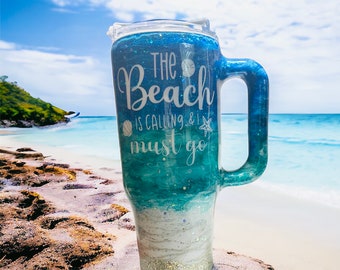 Classic Beach Glitter Tumbler, The beach is calling & I must go, My design or yours, Gift for her, Beach Bride Gift, Girls trip tumbler