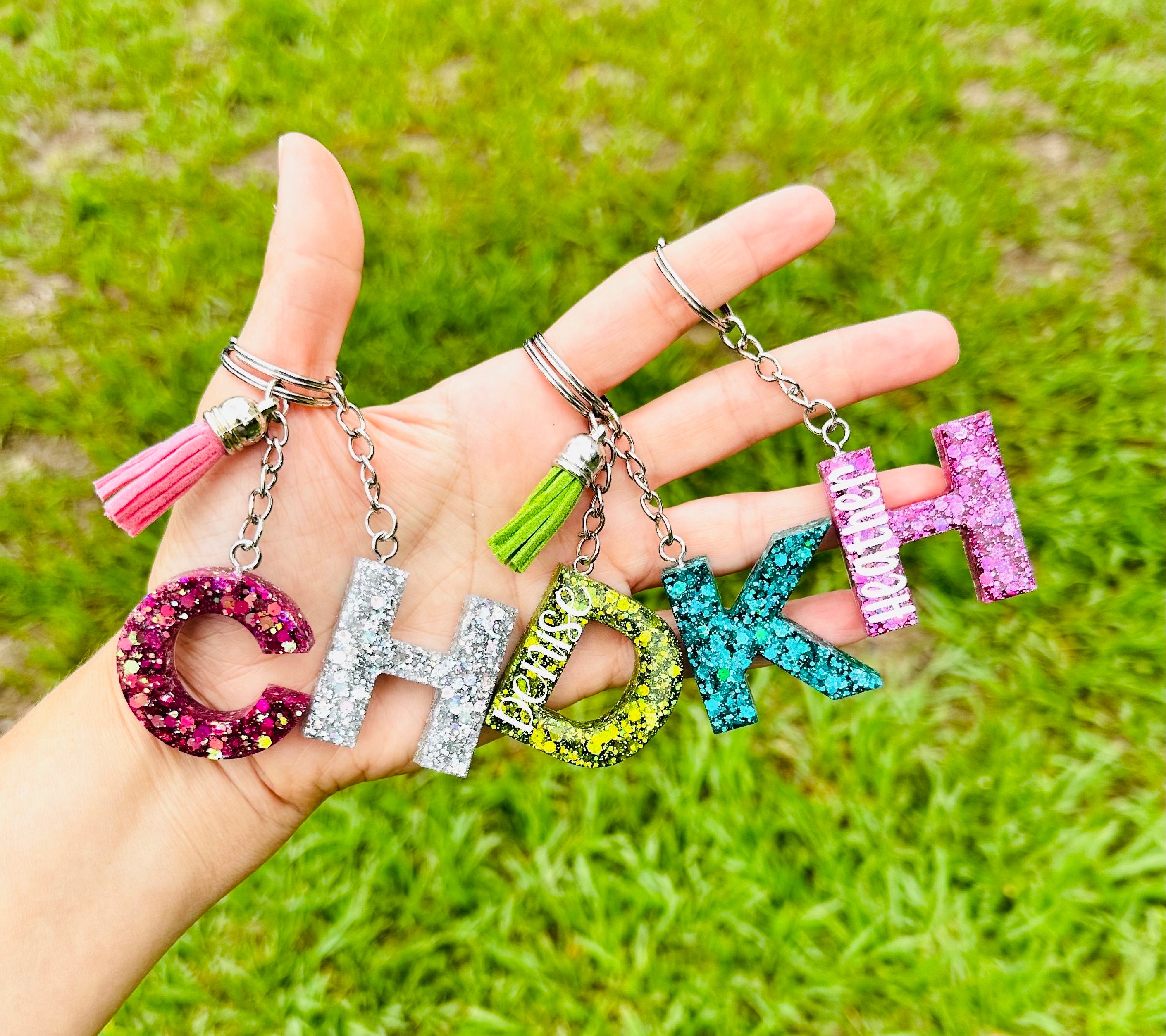 Pompom Puff Keychain W/ Resin Initial Letter Resin Add-ins Glitter