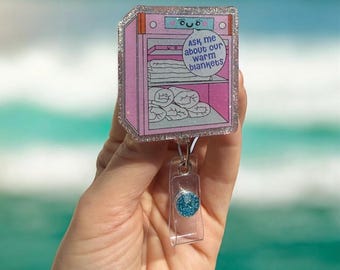 Ask me about our warm blankets, Nurse Badge Reel, Hospital ID Badge, Glitter Badge Reel, Funny, RN badge reel, Nurse Gift, ID Holder