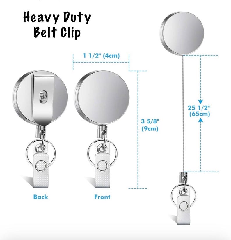 May include: Heavy Duty Belt Clip. A silver retractable badge holder with a belt clip on the back and a key ring at the bottom. The badge reel is 1 1/2 inches (4cm) in diameter and extends to 25 1/2 inches (65cm).