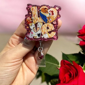 Beauty and the Beast Badge Reel, Nurse Badge Reel, Teacher Badge Reel, Retractable Reel, Glitter Badge Reel, Retro Cartoon, Love Badge Reel