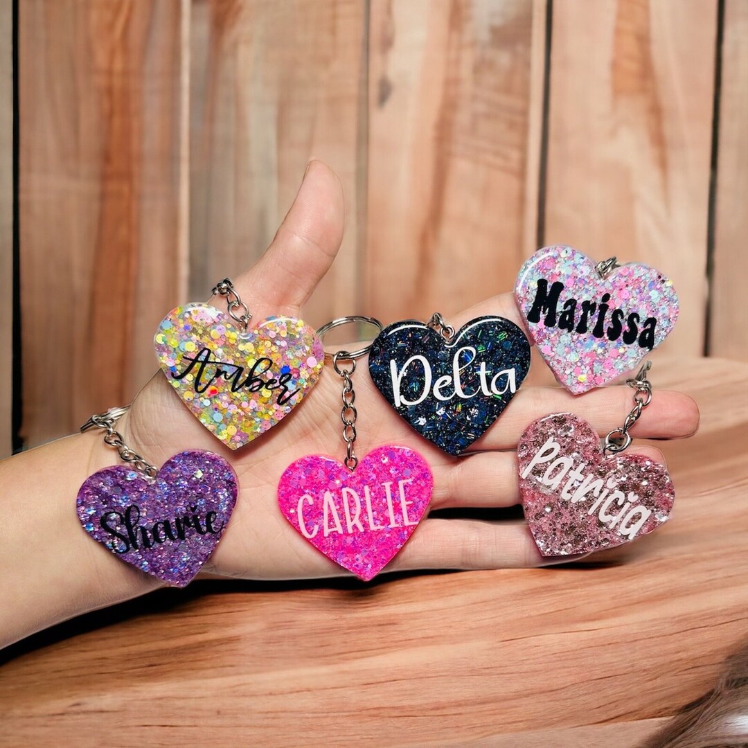 Glitter Heart Keychain With Name, Resin Heart Keychain, Kids Backpack ...