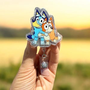 Bluey and Bingo Badge Reel, Nurse Badge Reel, Teacher Badge Reel, Retractable Reel, Glitter Badge Reel, Cute, Cartoon, Blue Dog, Pediatric