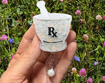 Pharmacy Badge Reel, Mortar and Pestle ID holder, Pharmacy Tech Badge Reel, Pharmacist Badge Reel, RX Badge Reel, Prescription Badge Reel