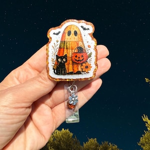 Patchwork Ghost Badge Reel, Nurse Badge Reel, Teacher Badge Reel, Retractable, Fall Badge Reel, Ghost with Cat, Pumpkins, Fall, Halloween