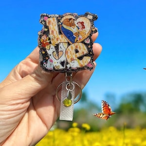 Beauty and the Beast Badge Reel, Nurse Badge Reel, Teacher Badge Reel, Retractable Reel, Glitter Badge Reel, Retro Cartoon, Love Badge Reel