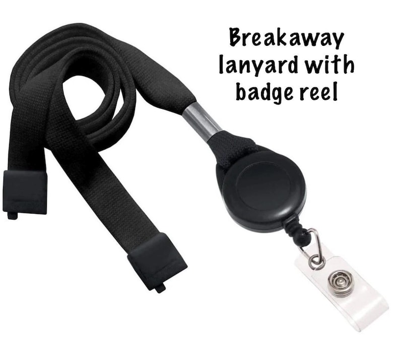 May include: Black breakaway lanyard with badge reel. The lanyard is made of a woven fabric and features a black badge reel and a clear plastic badge holder. The text "Breakaway lanyard with badge reel" is visible.