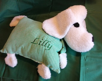 Cuddly pillow dog, plush toy, stuffed dog,