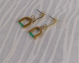 Boucles d'oreilles design bicolores en acier inoxydable or et vert émeraude