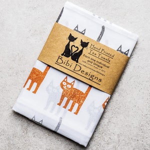 Hand Printed Cats TeaTowel Woodblock print 100% cotton Dish Towel Housewarming Wedding Gifts for cat lovers cat owners