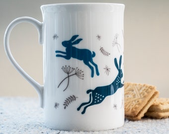 Hares Bone China Coffee Mug ceramic espresso mug Cup Leaping Bunny Rabbits Bunnies gift for hare lover enthusiast fan of nature