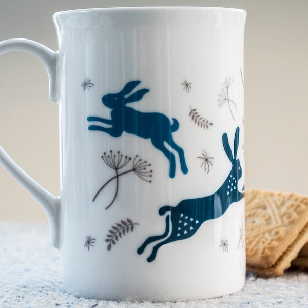 Hares Bone China Coffee Mug ceramic espresso mug Cup Leaping Bunny Rabbits Bunnies gift for hare lover enthusiast fan of nature