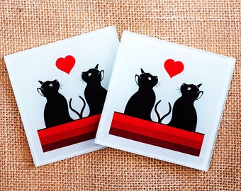 red glass cat coaster gift for cat lover owner gift for crazy cat lady red heart modern contemporary design silhouette gift for animal lover