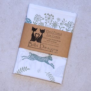 Hand Printed Hares TeaTowel Woodblock print 100% cotton Dish Towel Housewarming New Home Wedding Gifts for nature wildlife lovers rabbit