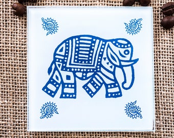 Glass Indian elephant coaster wild animals Indian wooden wood block print design gifts gift for lovers of elephants animal nature lover