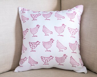 Block Printed by hand chicken hen square cushion Indian wooden block printing dark red farmyard animals gift for Mother Mother's Day Mum