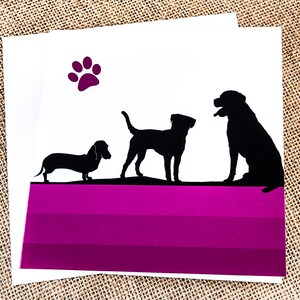 dogs greetings card blank inside sausage dog dachshund labrador terrier silhouettes paw print purple mauve violet pet lover owner lovers