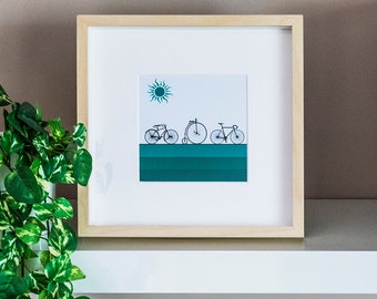 bicycle cycle bike framed print picture contemporary modern Tour de France yellow jersey gift for cyclist cycling enthusiast penny farthing