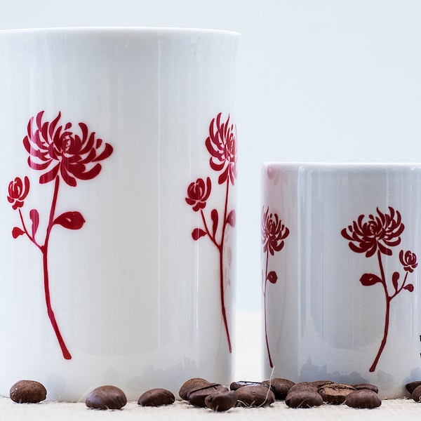 Red Chinese Chrysanthemum Oriental bone china espresso coffee mug cup Far East Eastern Asian inspired design script flower gift for gardener