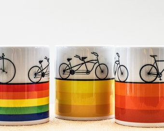 bicycle bike coffee mug cycles gifts for cyclists cycling enthusiasts Tour de France penny farthing tandem racing road bike rainbow LGBTQ+