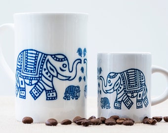 Indian elephant elephants bone china coffee mug ceramic espresso cup block print design style gift for elephant lover animals