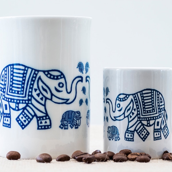 Indian elephant elephants bone china coffee mug ceramic espresso cup block print design style gift for elephant lover animals