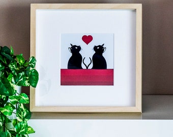 cat art framed picture print graphic modern contemporary gift for cat lover crazy cat lady red love heart blue butterfly two cats silhouette