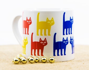 Child's childrens' ceramic mug cats large espresso primary colour colors cat cartoon design gifts for toddlers young children cat lovers