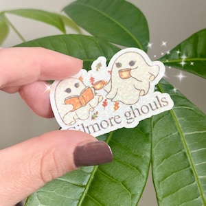 Gilmore Ghouls Ghost Sticker | Cute Autumn Sparkly Waterproof Decal | Coffee Lover and Bookworm Spooky Season Sticker | Fall Aesthetic Vinyl